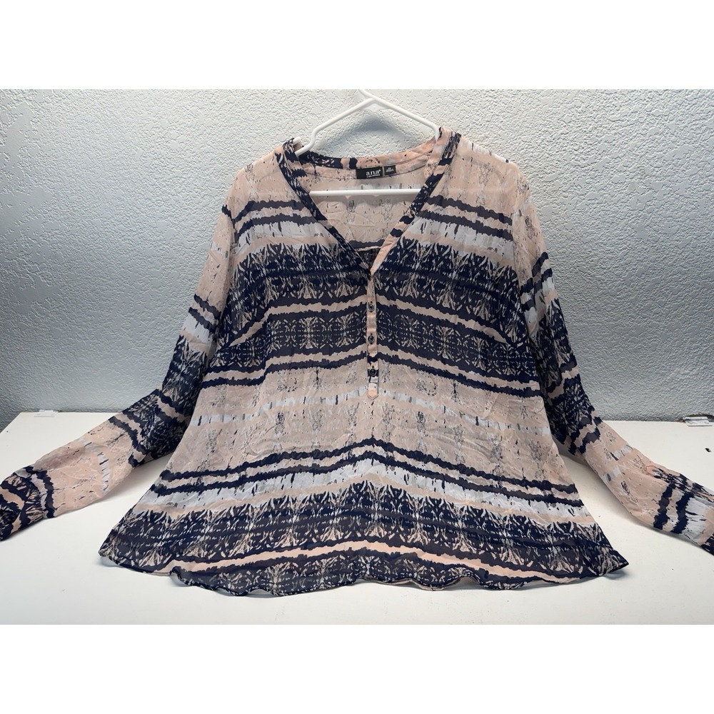 a.n.a A New Approach Womens 1X Sheer Long Sleeve Tie Dye Striped Blouse Boho
